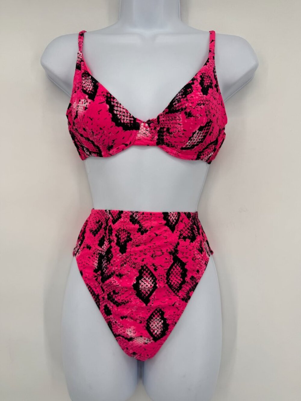 ASOS Swim Neon Pink Snake Print Underwire High Waist Bikini Set Summer Size 4